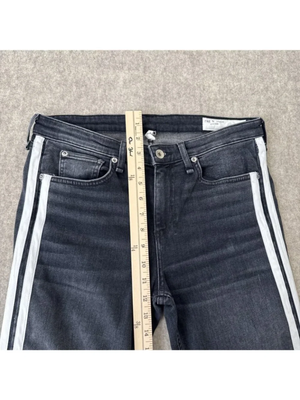 Rag‎ Bone Cate Flare Jeans Womens 29 Charcoal Stripe Mid Rise Ankle Cropped Raw